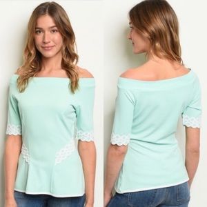 Strapless crochet trim peplum top NWT